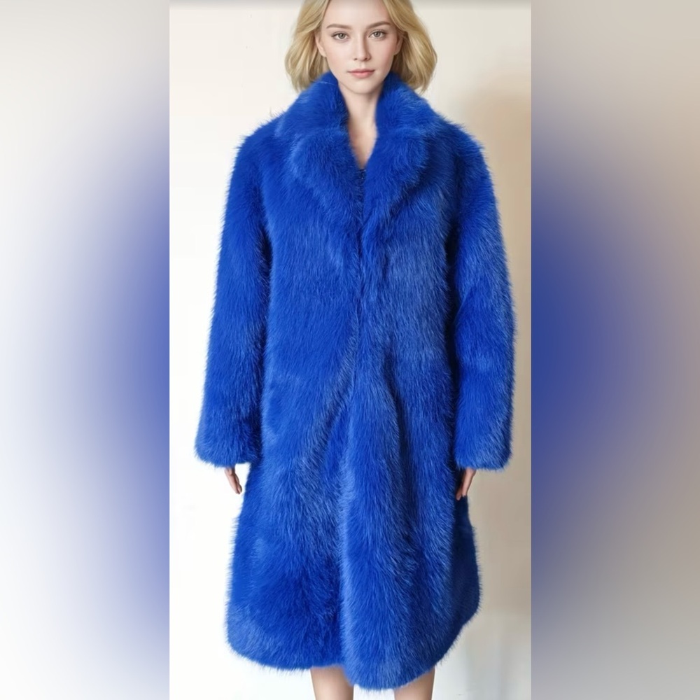 Elegant Blue Faux Fur Coat
